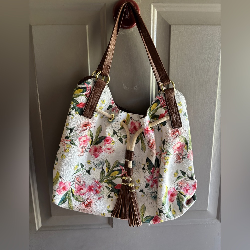 Liz Claiborne Canvas Bag Colorful Floral Drawstring Fringe LC Leanne Four Poster